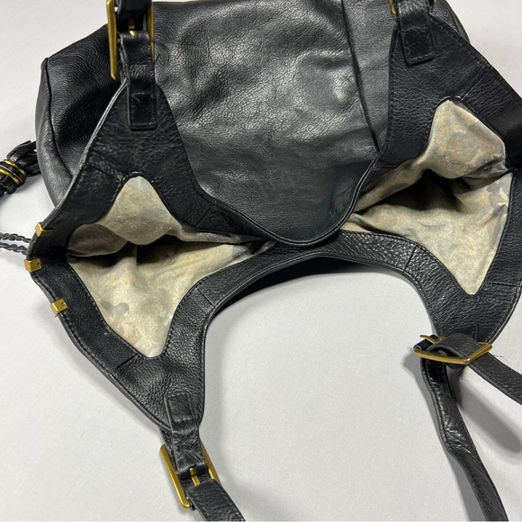 ELLIOT LUCCA Black Leather Tote Hobo Shoulder Bag Tassel Gold Stud Biker Boho - Picture 9 of 14